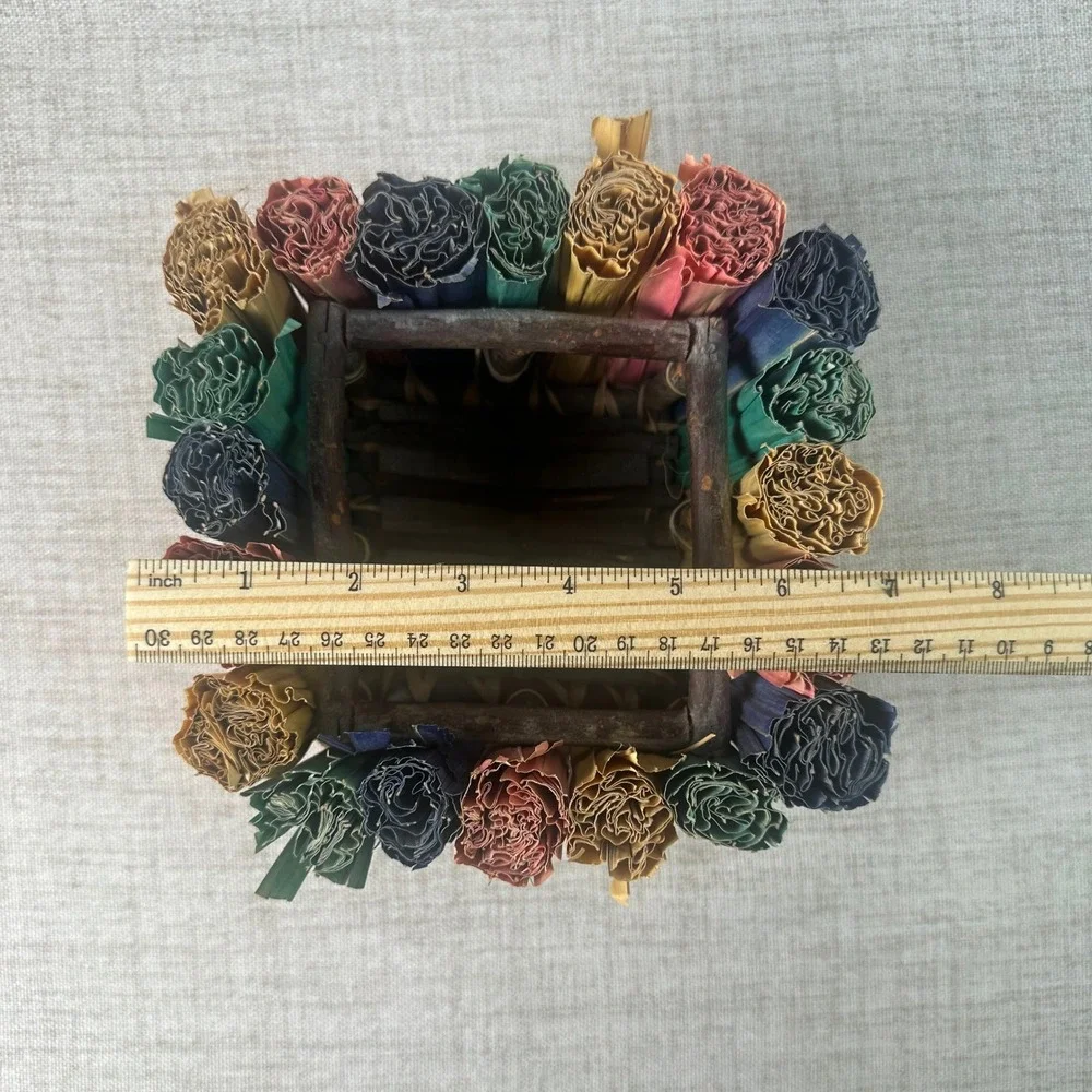 Handmade Woven Twig Planter Cachepot w/ Colorful Palm Leaf Accents